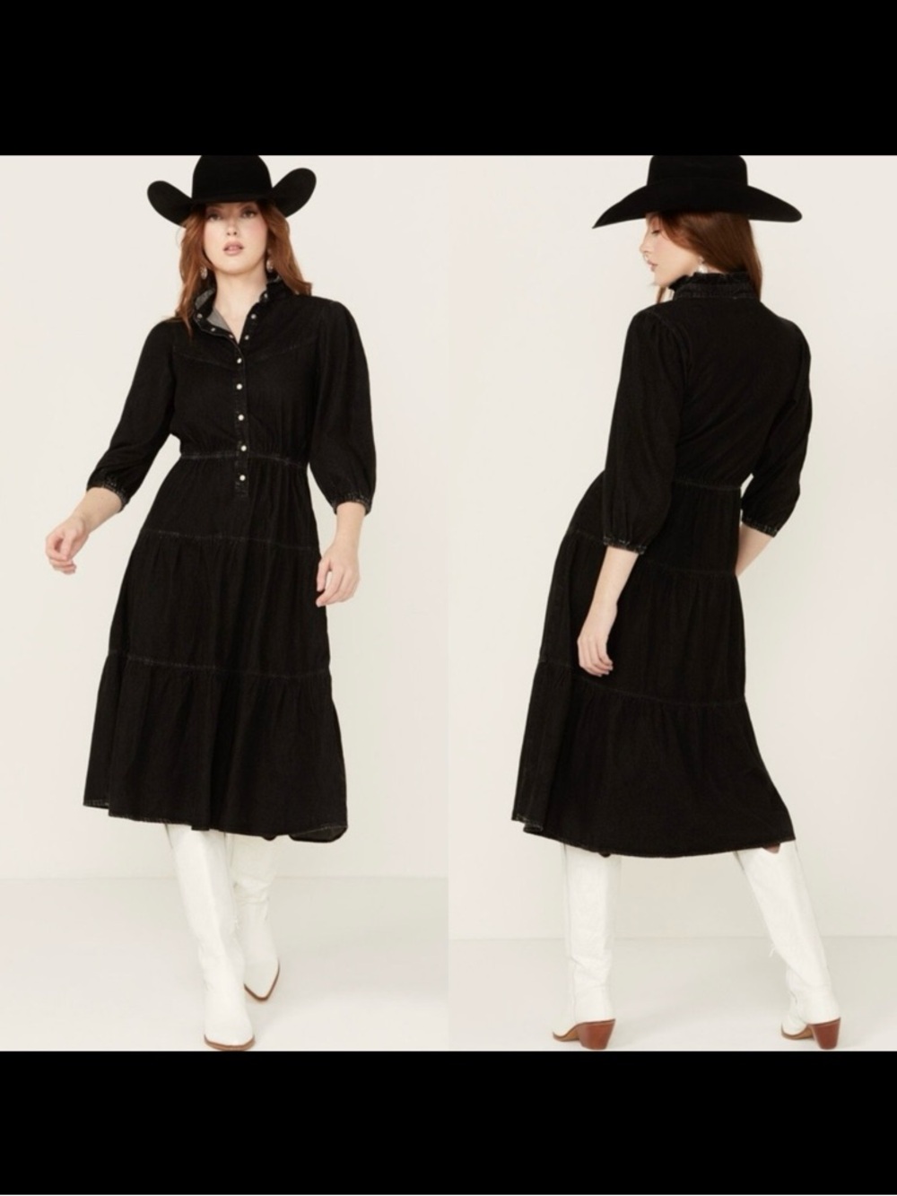 Driftwood Long Sleeve Tiered Denim Midi Dress Western Boho Bohemian Black